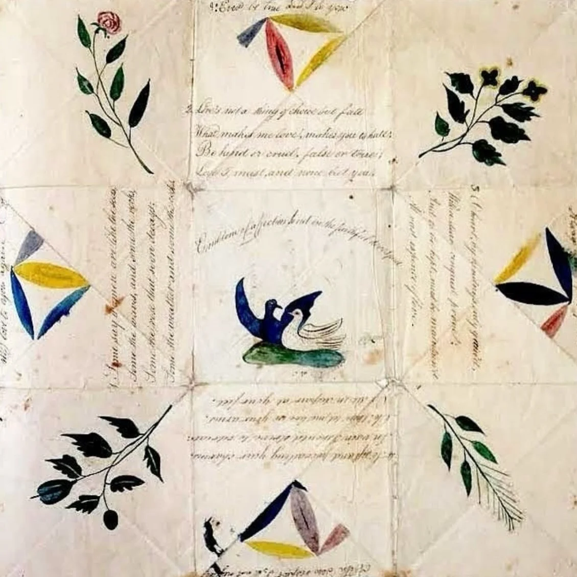 Wishing everyone a Happy Valentine&rsquo;s Day. 

Antique Valentine puzzle from 1797, sent to Gordonston in Scotland, with hand-painted with symbols of affection and two birds in the centre.
RG @le_jardin_robo 

#Happyvalentinesday #valentine  #antiq