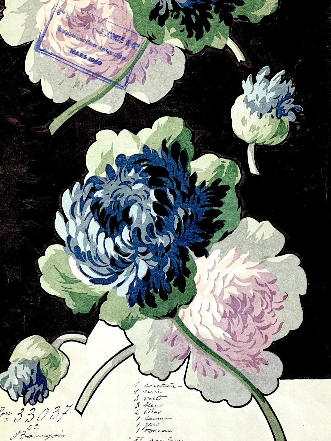 Antique French textile design, dated 1905, with stylised peonies to celebrate the peony season.

#frenchtextile #antiquetextiledesign #textilearchive #peonydesign #sophieroet