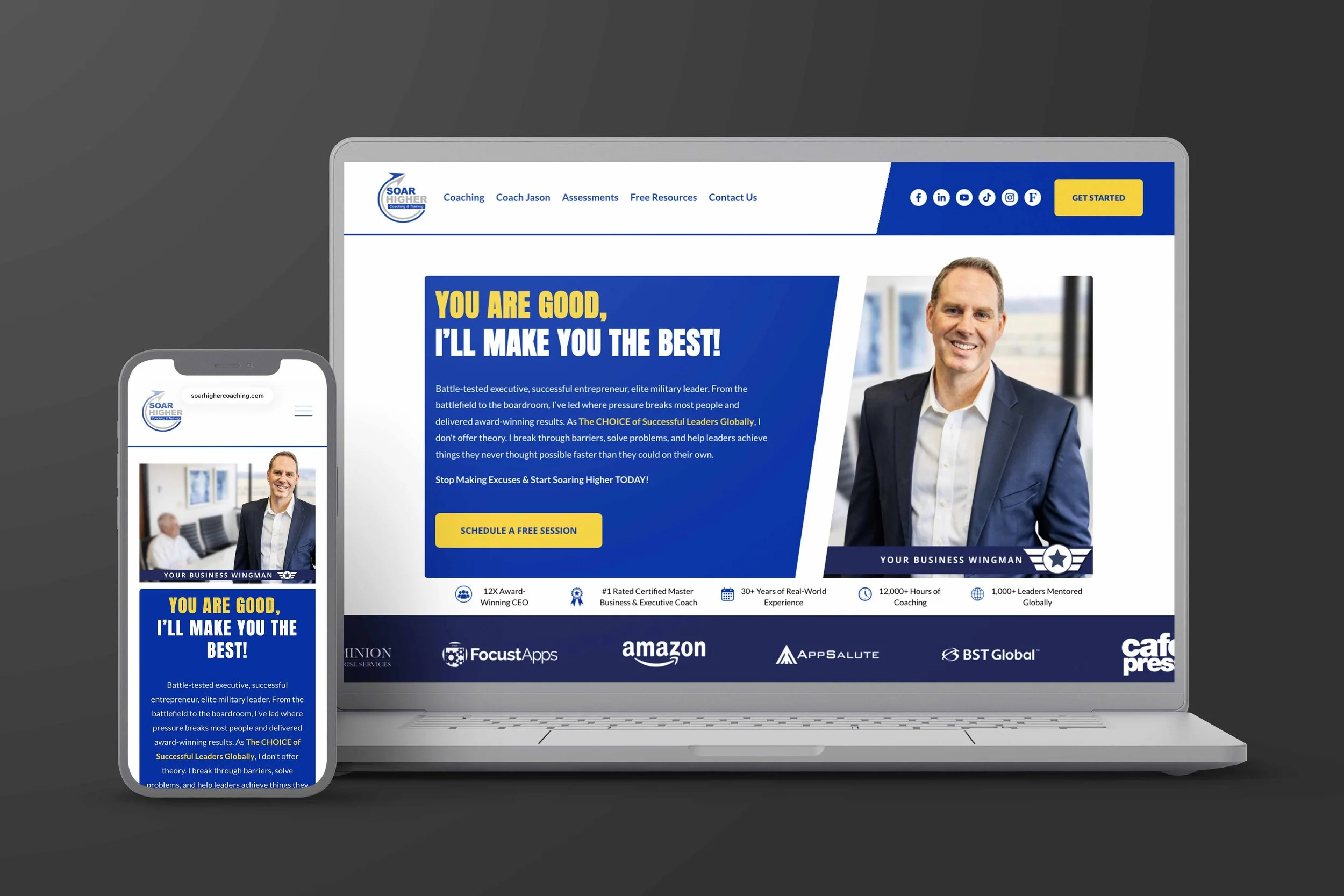 Website homepage of Soar Higher Coaching displaying services offered by the executive business coaching firm led by Coach Jason Ballard. Features include information on business coaching, business strategy, training, and assessments. The page also li