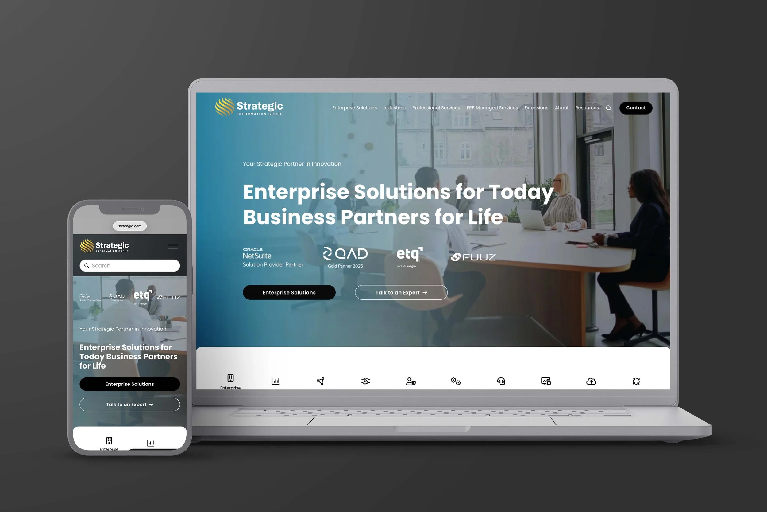 Website homepage of Strategic Information Group displaying services offered by the enterprise ERP solutions provider for manufacturers. Features include information on NetSuite ERP, QAD ERP, ETQ QMS, and Fuuz MES and WMS platforms, along with profess