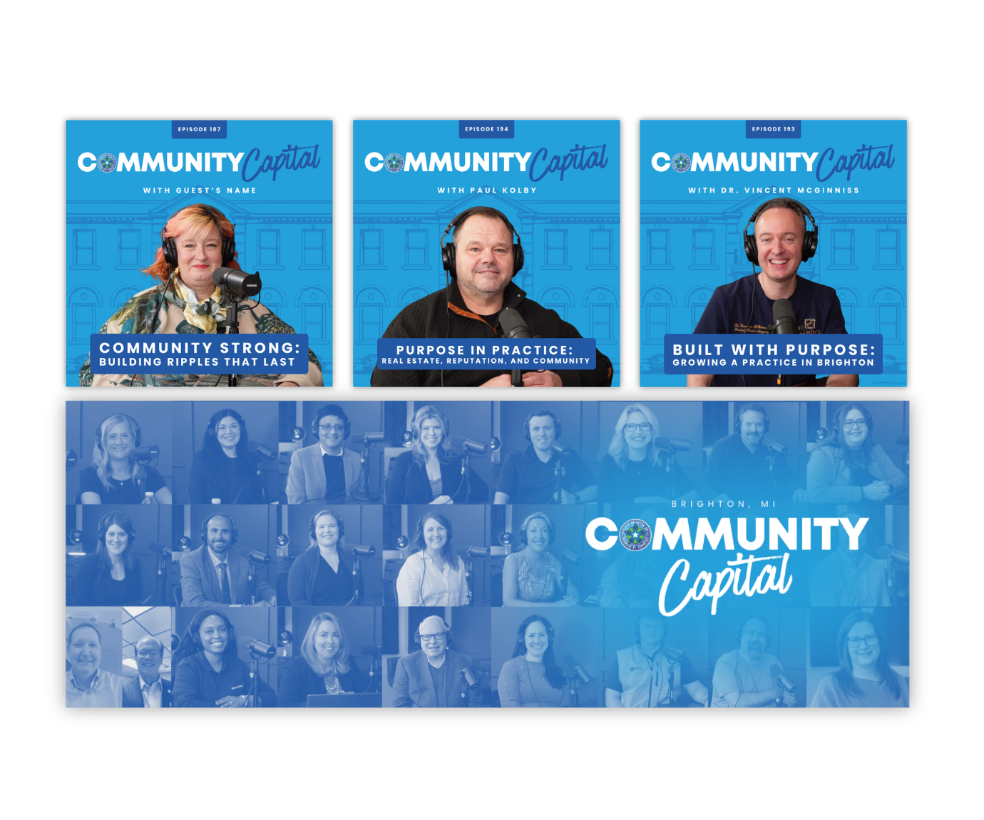 Promotional image for the Community Capital podcast featuring headshots of three hosts at the top, with a blue background that includes illustrations of buildings. Below are smaller headshots of multiple diverse panelists, also set against a blue bac