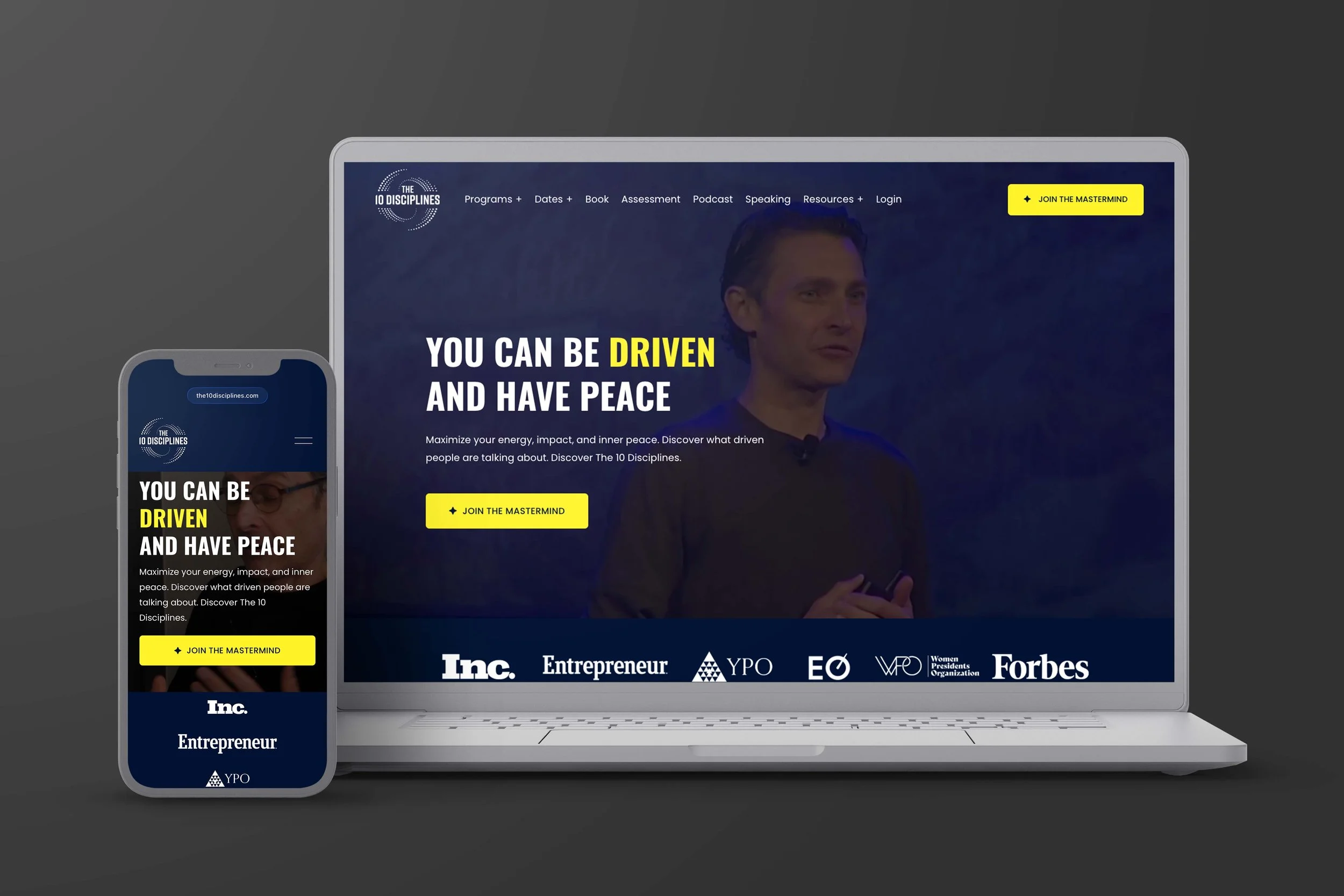 Website homepage of The 10 Disciplines displaying programs and resources offered by the personal development platform founded by Gino Wickman and Rob Dube. Features include information on the Mastermind and Self-Study programs, the Shine book, and a 