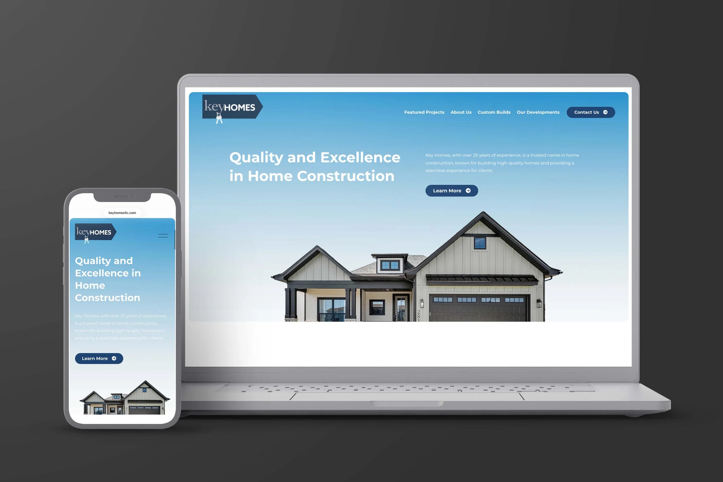 Website homepage of Key Homes LLC displaying services offered by the custom home builder based in Buckner, Kentucky. Features include information on custom builds, featured projects, and developments across communities including The Commons at Cedar 