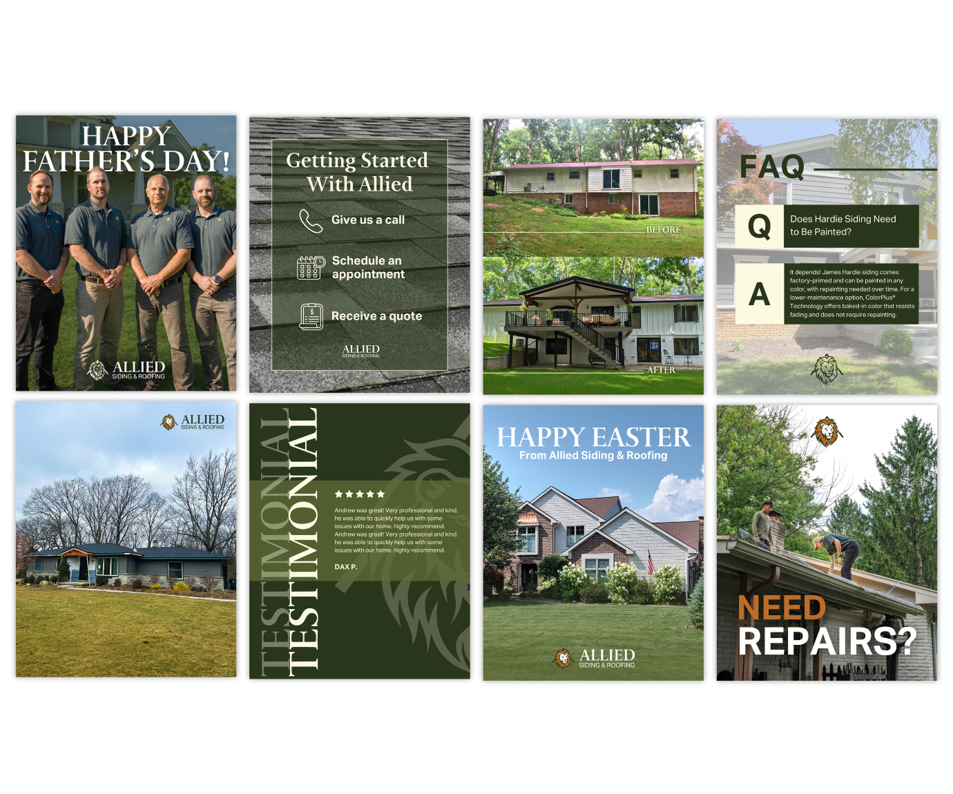 Collage of nine images featuring siding, roofing, and home exterior services. Includes photos of team members, before and after house renovations, a FAQ section, Easter greeting, and testimonial.