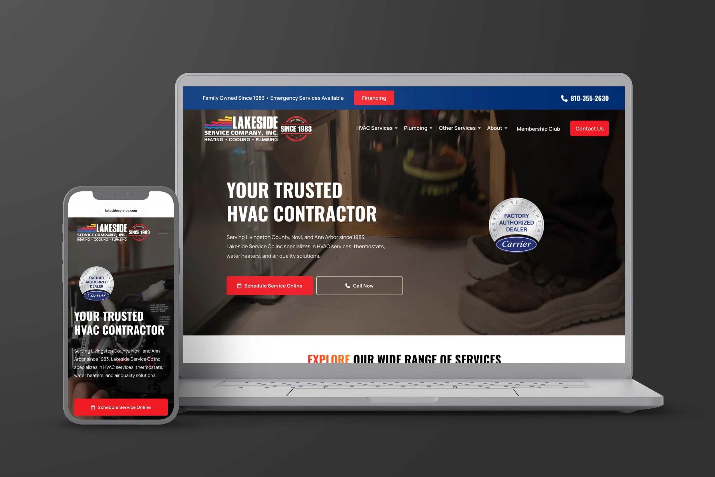 Website homepage of Lakeside Service displaying services offered by the family-owned HVAC and plumbing contractor serving Southeast Michigan. Features include information on heating, cooling, plumbing, and indoor air quality services for residential 