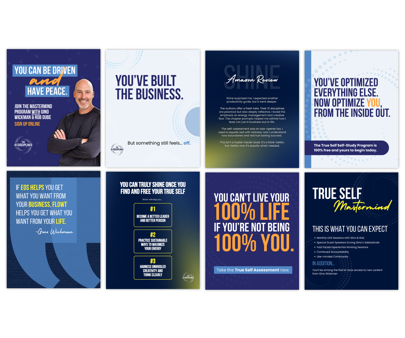 A series of eight digital promotional slides related to self-mastery, productivity, and personal development, featuring quotes, program information, and a smiling man on the first slide.