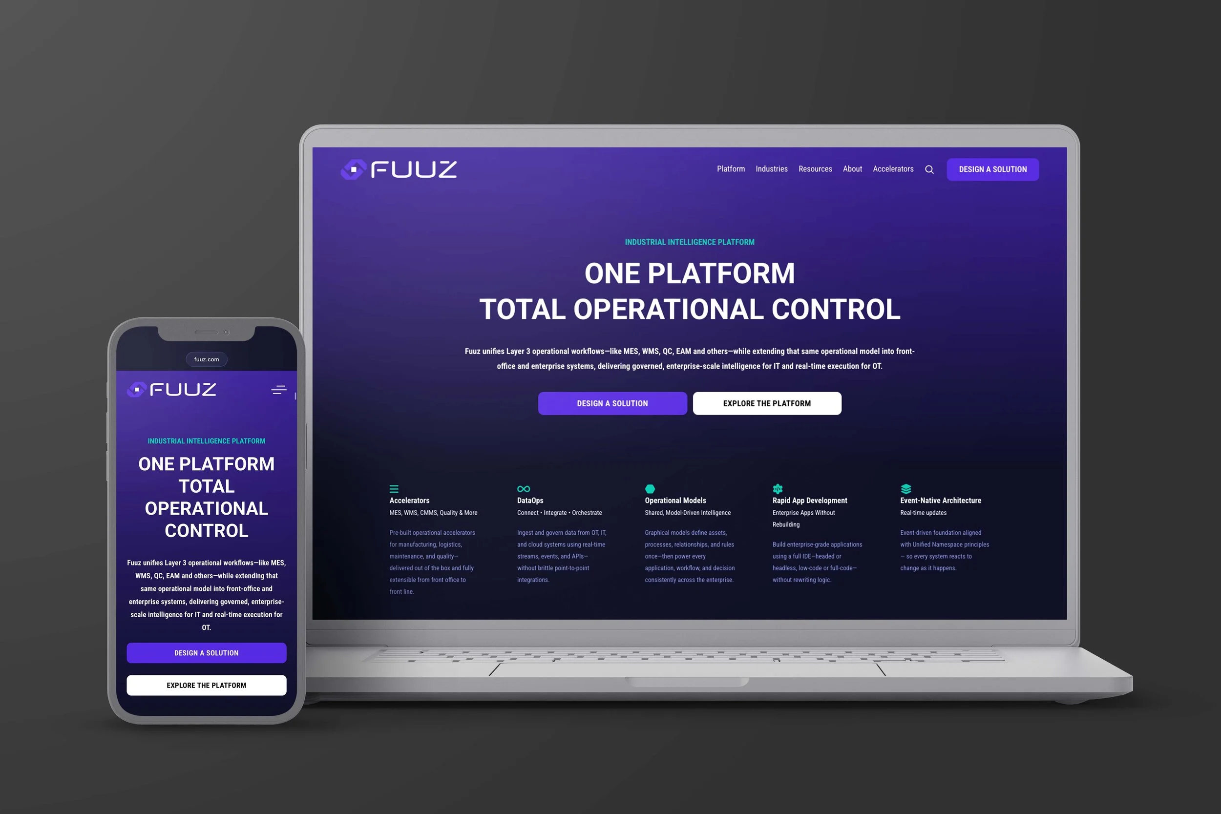 Website homepage of Fuuz displaying services offered by the industrial operations platform built for manufacturers. Features include information on the platform's core capabilities, pre-built accelerators for MES, WMS, QC, and EAM, and industries ser