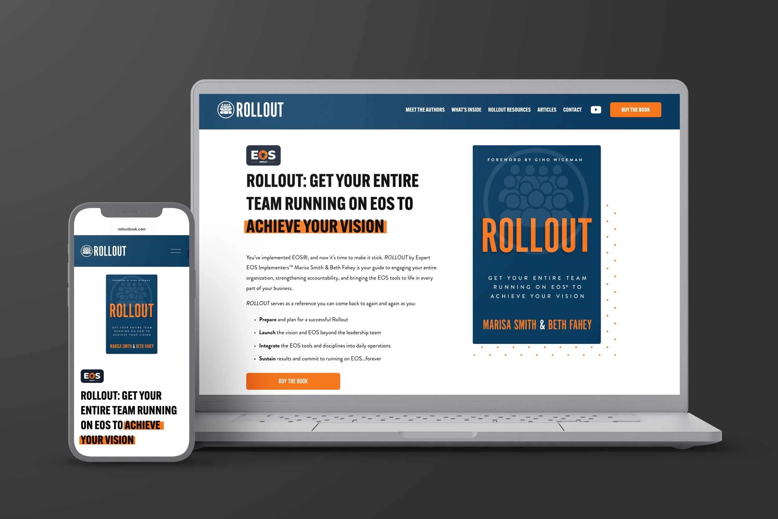 Website homepage of Rollout displaying information about the EOS implementation book written by Expert EOS Implementers Marisa Smith and Beth Fahey. Features include information on book chapters, author backgrounds, and resources for rolling out EOS 