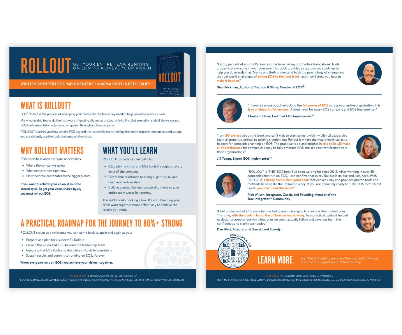 Brochure titled 'ROLAUTO' promoting EOS rollout process, featuring sections on what rollout is, why it matters, learning outcomes, practical roadmap, and testimonials from experts and users, with a QR code for more resources.