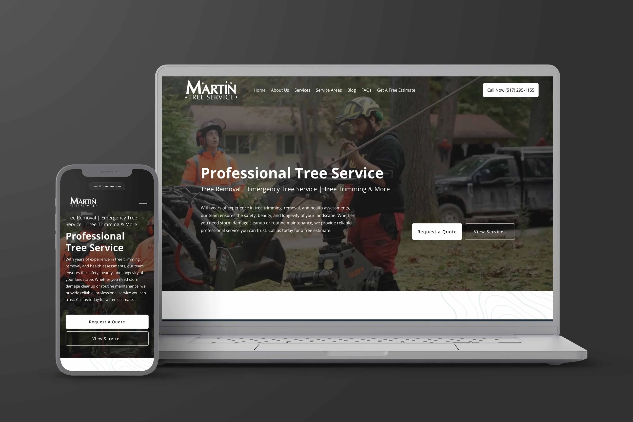Website homepage of Martin Tree displaying services offered by the professional tree care company serving Southeast Michigan. Features include information on tree removal, trimming, stump grinding, storm damage cleanup, and emergency services. The pa