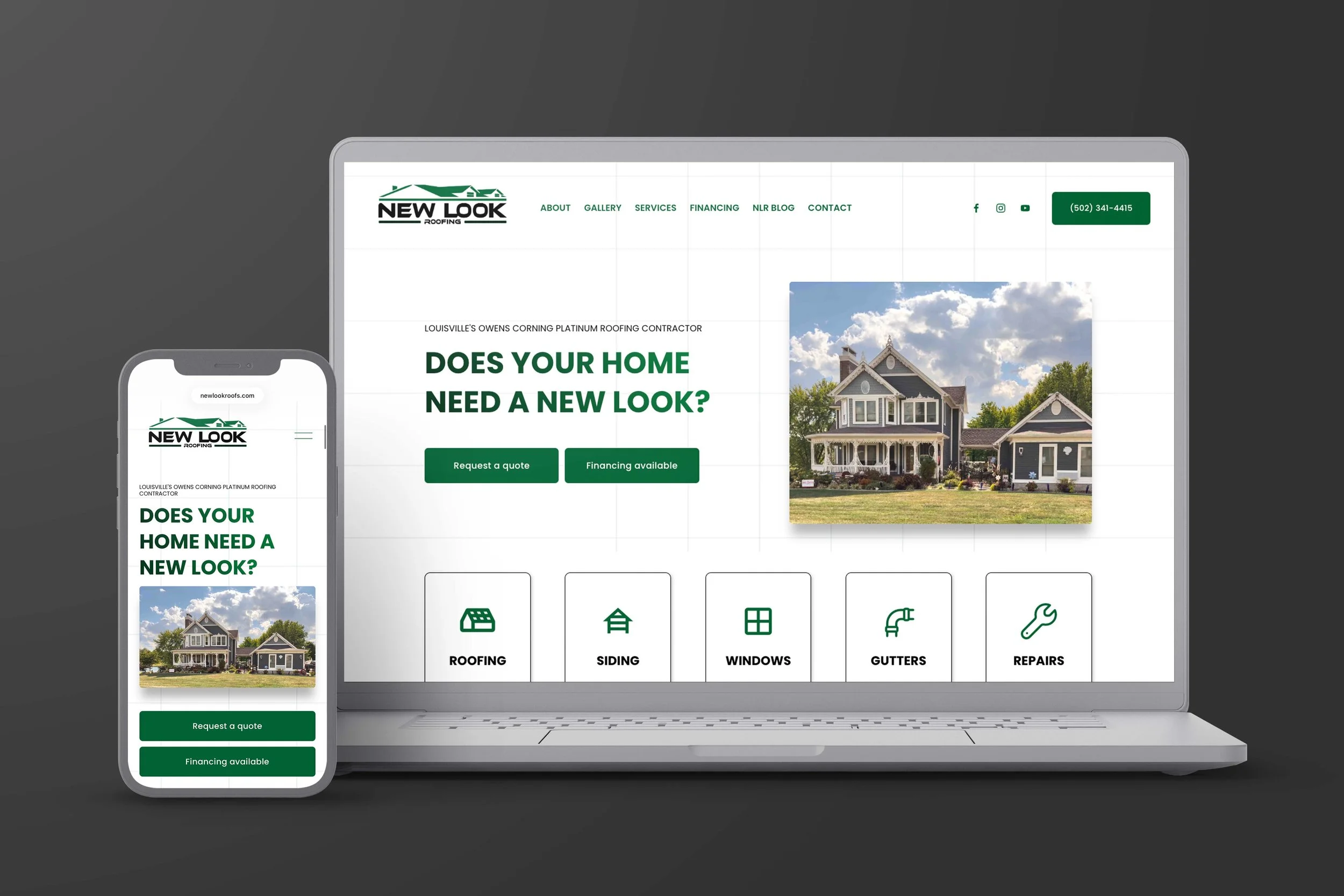 Website homepage of New Look Roof displaying services offered by the Louisville, Kentucky roofing contractor serving residential and commercial clients. Features include information on roofing, siding, windows, gutters, and repairs. The page also hig
