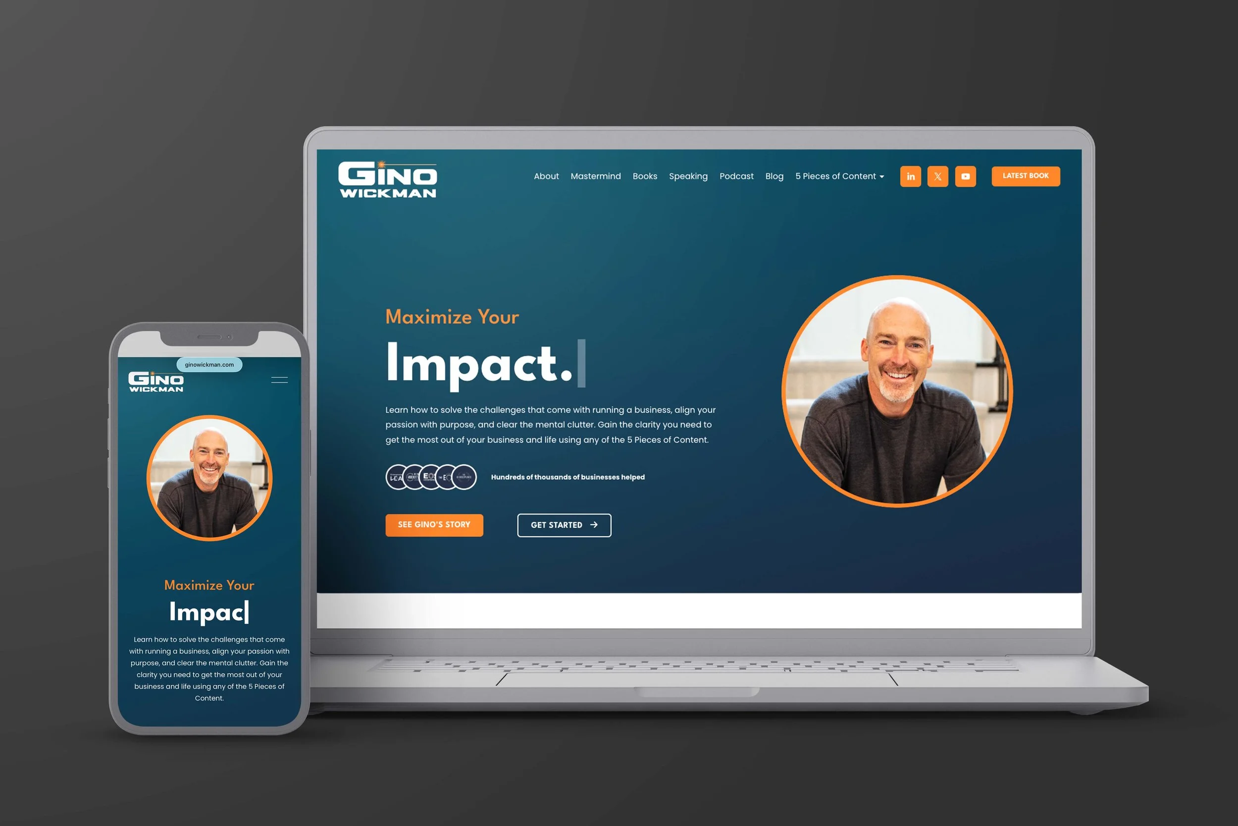 Website homepage of Gino Wickman displaying resources offered by the entrepreneur, author, and business thought leader. Features include information on his 5 Pieces of Content, speaking engagements, and books including Traction and Rocket Fuel. The p