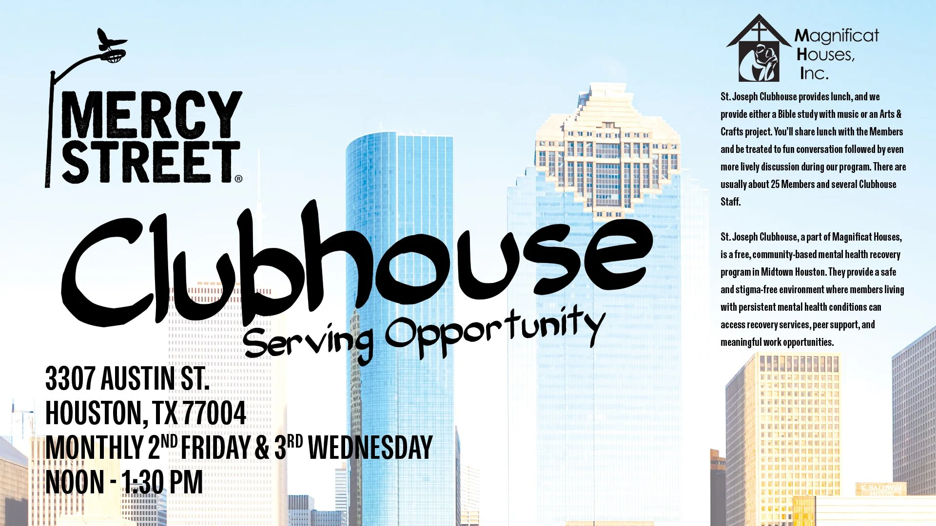 St. Joseph Clubhouse provides lunch, and we provide either a Bible study with music or an Arts & Crafts project. You’ll share lunch with the Members and be treated to fun conversation followed by even more lively discussion during our program. T