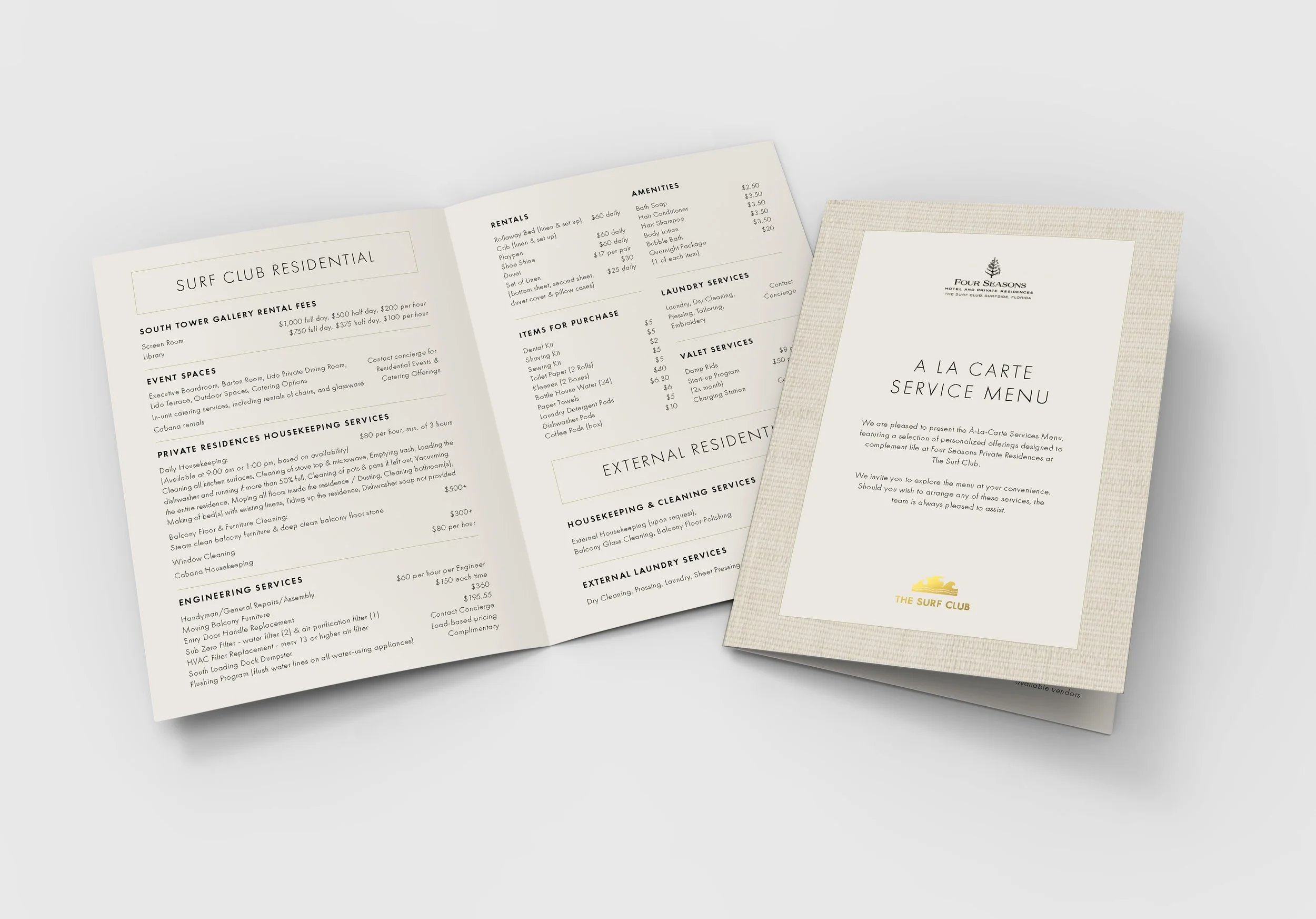 Four Seasons Hotel at The Surf Club, Surfside, Florida - Services Menu