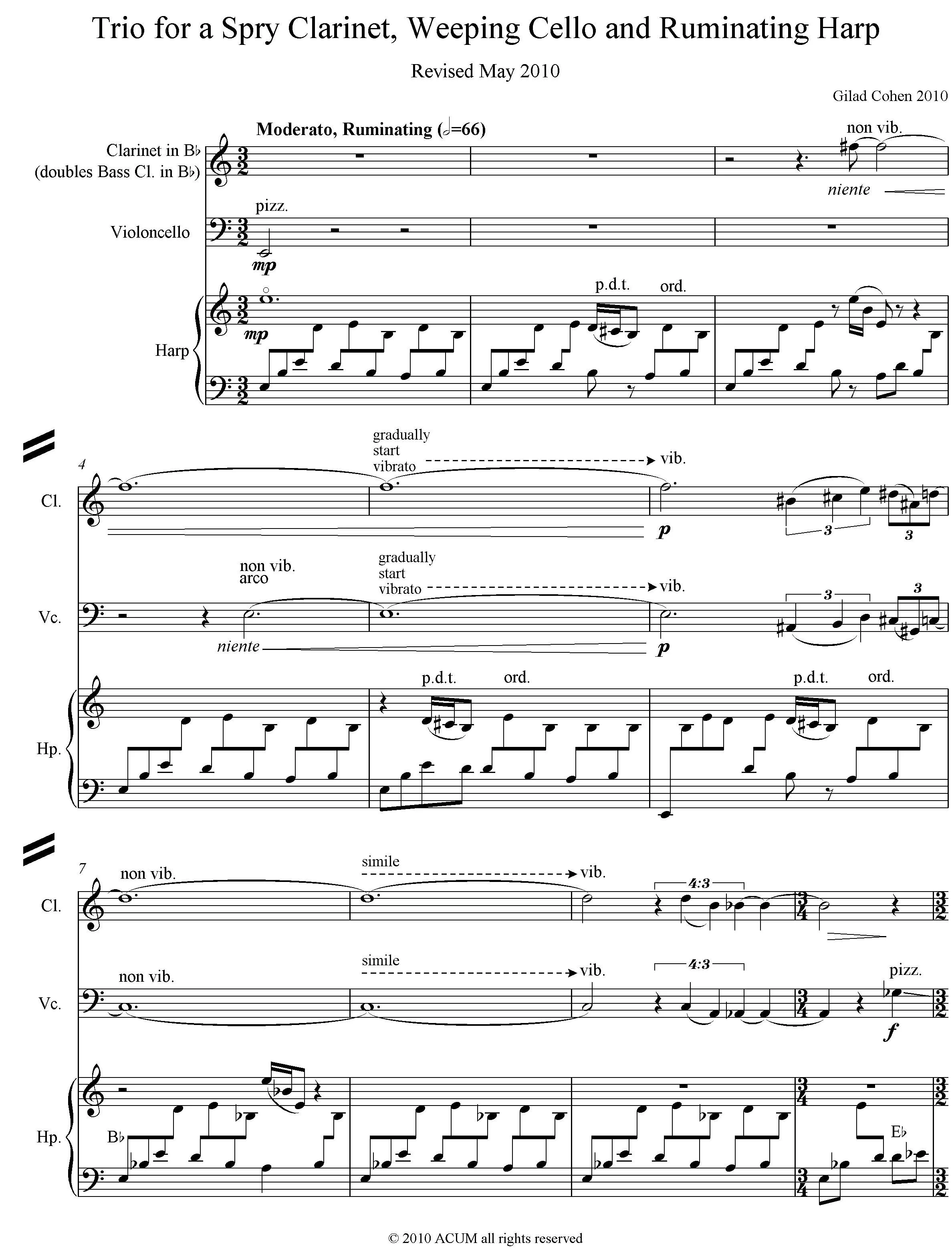 Trio for Clarinet, Cello, Harp: score+parts (hard copy)