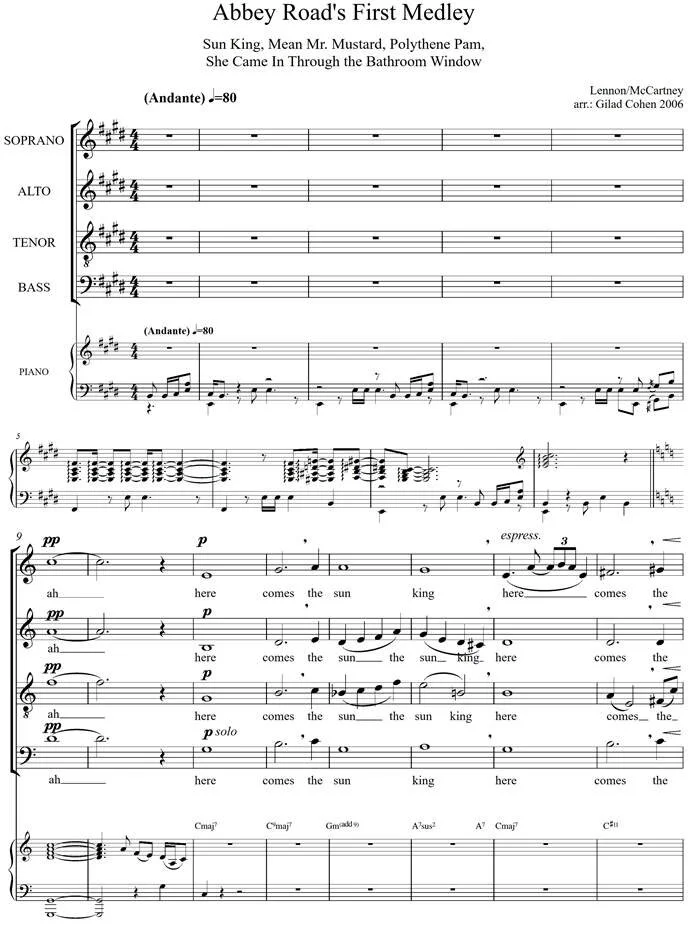 Abbey Road's First Medley - arrangement for SATB and piano (hard copy)