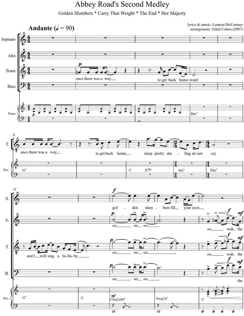 Abbey Road's Second Medley - arrangement for SATB and piano (hard copy)