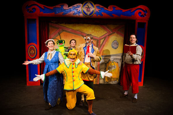       Production photo from  Pinocchio!  Co-produced by Faction of Fools and NextStop Family, March 8 – 30. Costumes by Lynly Saunders, Masks by Waxing Moon Masks, Set Design by Daniel Flint, Puppet Design by Dan Mori. L to R: Hannah Sweet, Alani Kra