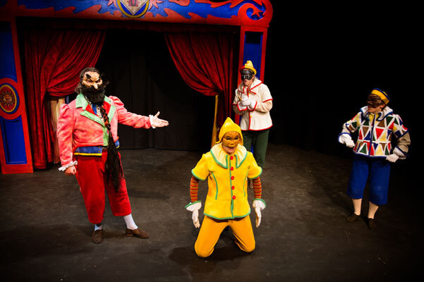 Production photo from  Pinocchio!  Co-produced by Faction of Fools and NextStop Family, March 8 – 30. Costumes by Lynly Saunders, Masks by Waxing Moon Masks, Set Design by Daniel Flint Additional Masks by Aaron Cromie. L to R: Justin Purvis, Jack No