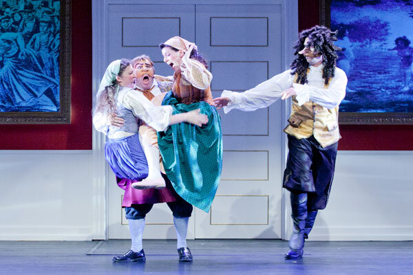  Production photo from Molière's  Don Juan . Presented at Gallaudet University, Sept 12 – Oct 6. Left to Right: Hannah Sweet, Charlie Retzlaff, Bess Kaye and Sun King Davis. Photo by C. Stanley Photography. 