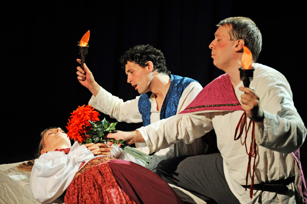  Production photo from  A Commedia Romeo and Juliet . L to R: Gwen Grastorf, Drew Kopas, and Toby Mulford. Photo by ClintonBPhotography 