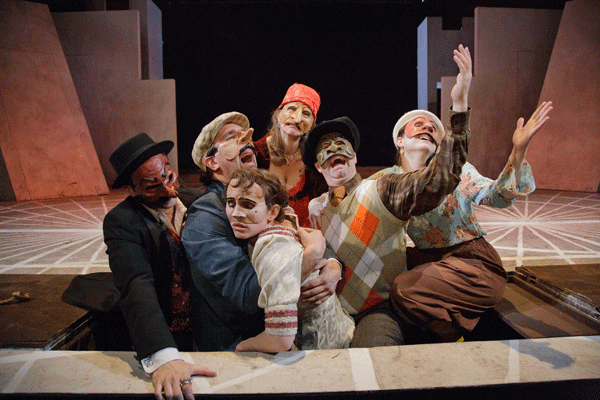  Production photo from  Hamlecchino: Clown Prince of Denmark . Left to Right: Billy Finn, John V. Bellomo, Emma Crane Jaster, Eva Wilhelm, Matthew R. Wilson, and Rachel Spicknall. Photo by C. Stanley Photography. 