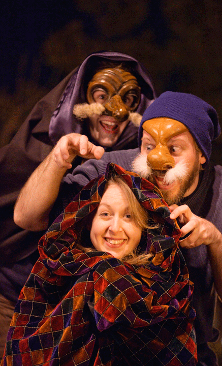  Publicity Photo for  The House with Two Doors  Clockwise from top: Chase Helton as Coviello, Toby Mulford as the Dottore, Vanessa Buono as Isabella. Masks by Antonio Fava. Photos by Colin Hovde. 