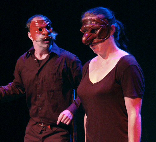  Left to Right: Matthew R. Wilson and Rachel Spicknall in "Courting Chaos" Scene A from  Tales of Love and Sausages  Photo by Virginia Vogt. 