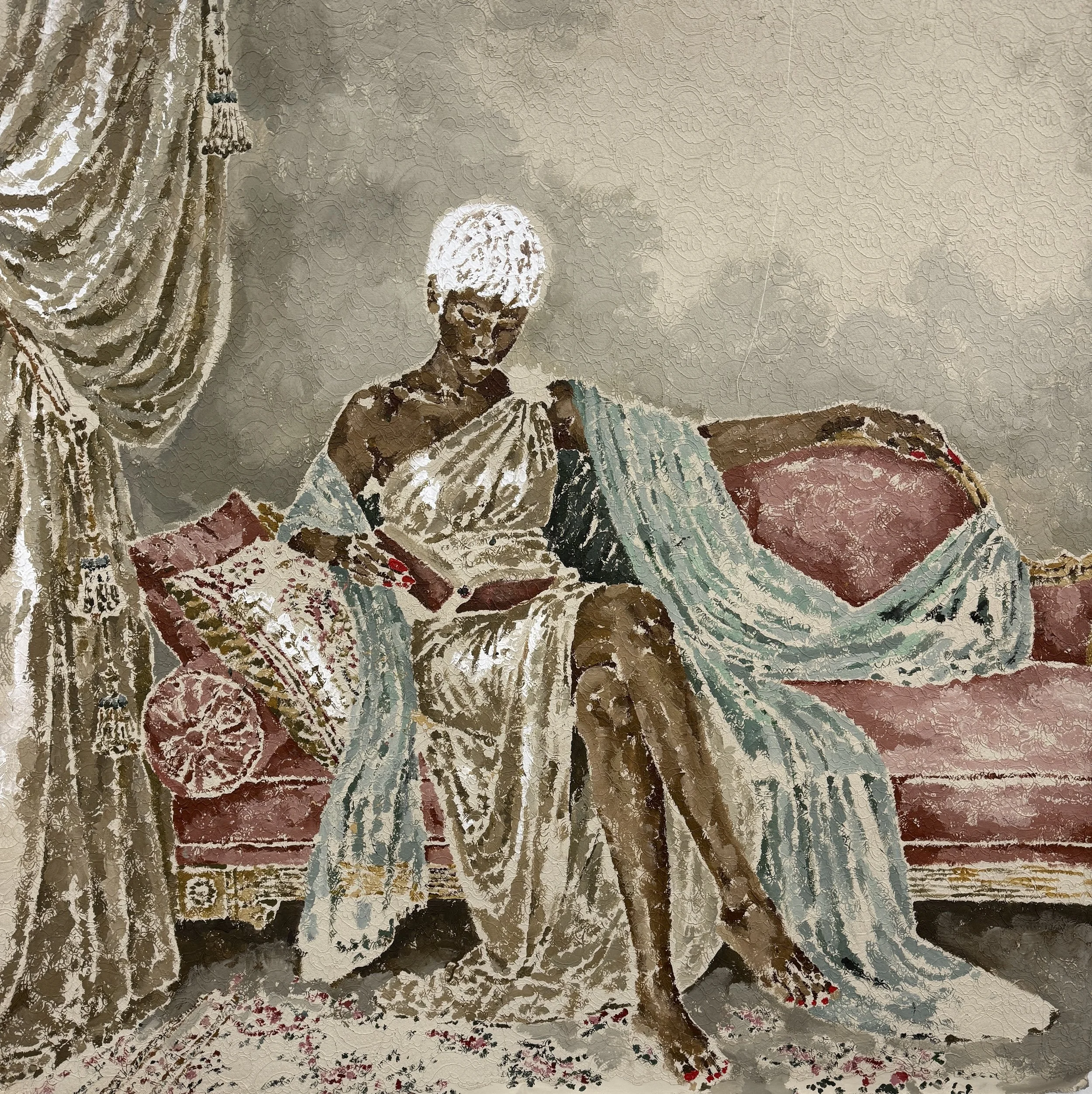 Buqaqawuli Nobakada, The Châtelaine, 2026. Acrylic paint on hand-prepared lace, 164 × 155 cm. Courtesy of the artist and Destinee Ross-Sutton. (Copy)