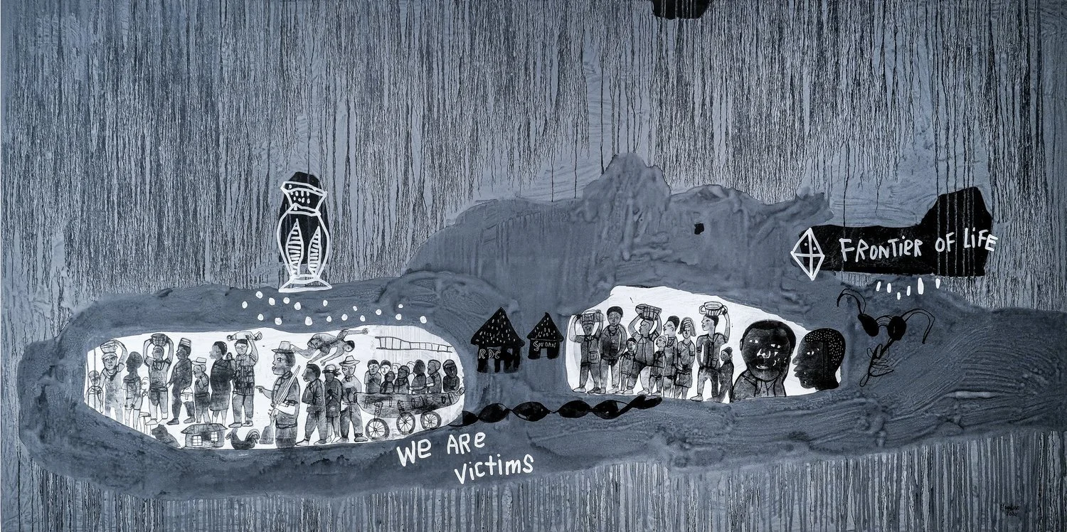 Abstract artwork depicting figures and scenes with text reading 'We are victims' and 'Frontier of Life' on a textured gray background.