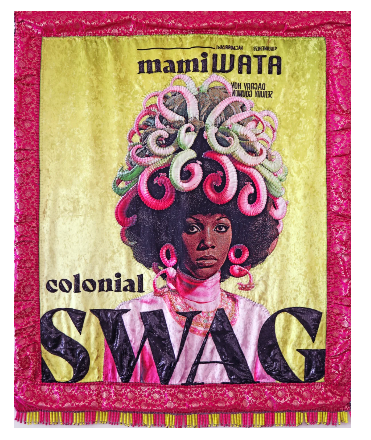 Featured artwork: COLONIAL SWAG: That Demisexual Panromantic Solo Polyamorist Gyal, 2025 Jacquard woven textiles digitally designed, crushed velvet, glitter, resin, metallic thread, on panel. · 177.8 × 152.4 cm