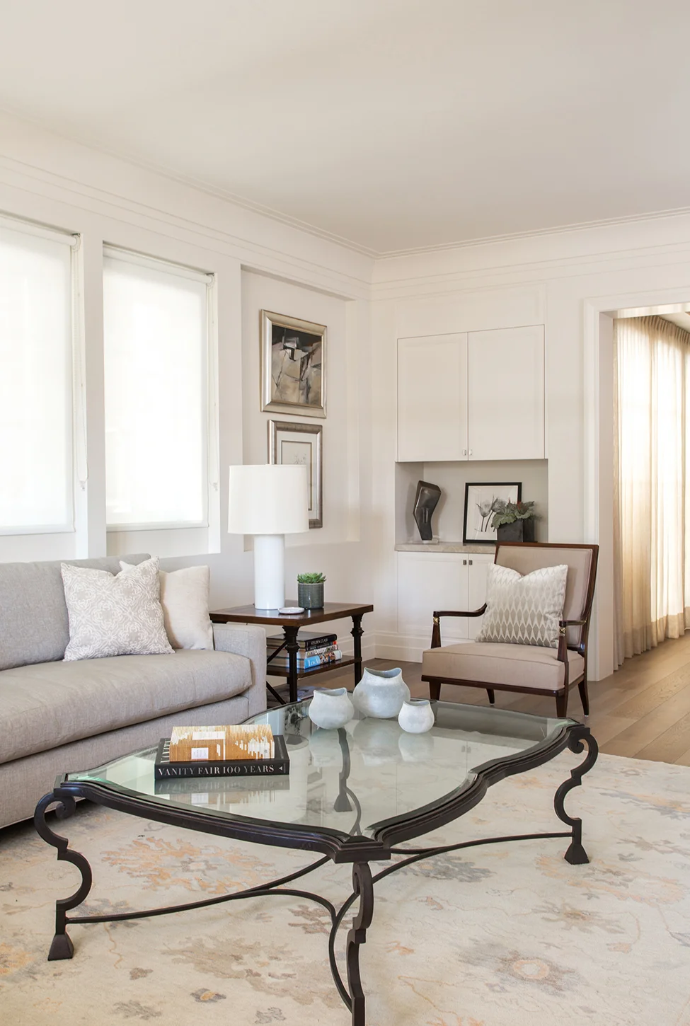 Traditional living room with metal and glass coffee table