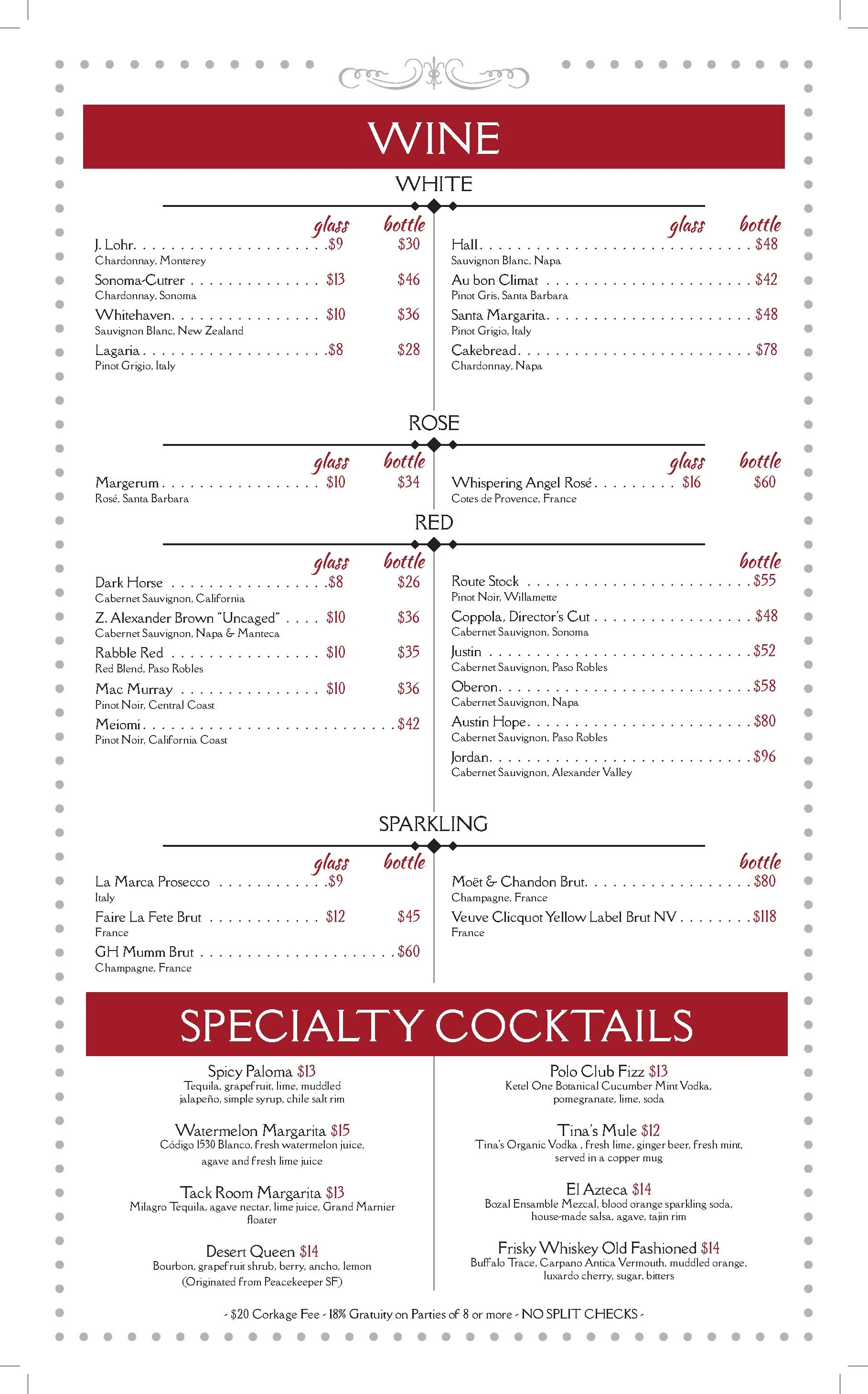 Menu — Tack Room Tavern