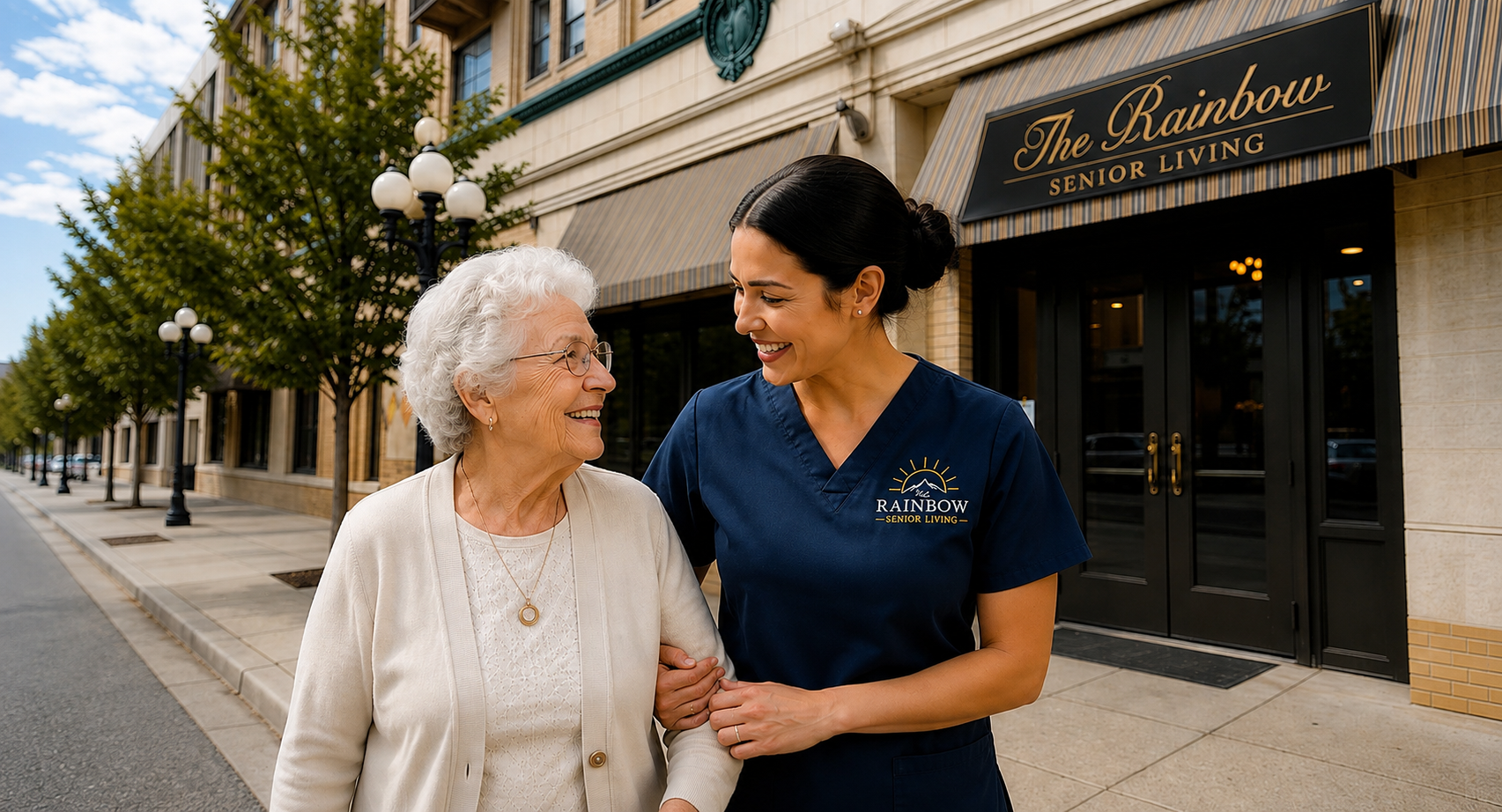A smiling older adult and caregiver outside The Rainbow