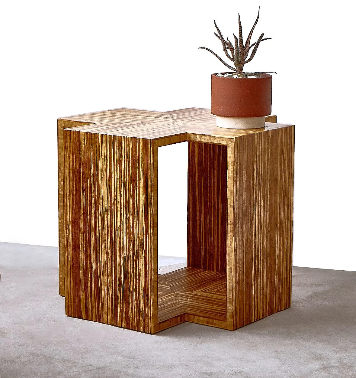 A wooden side table with a hollow center and geometric design, topped with a potted succulent plant. The table is set against a white background.