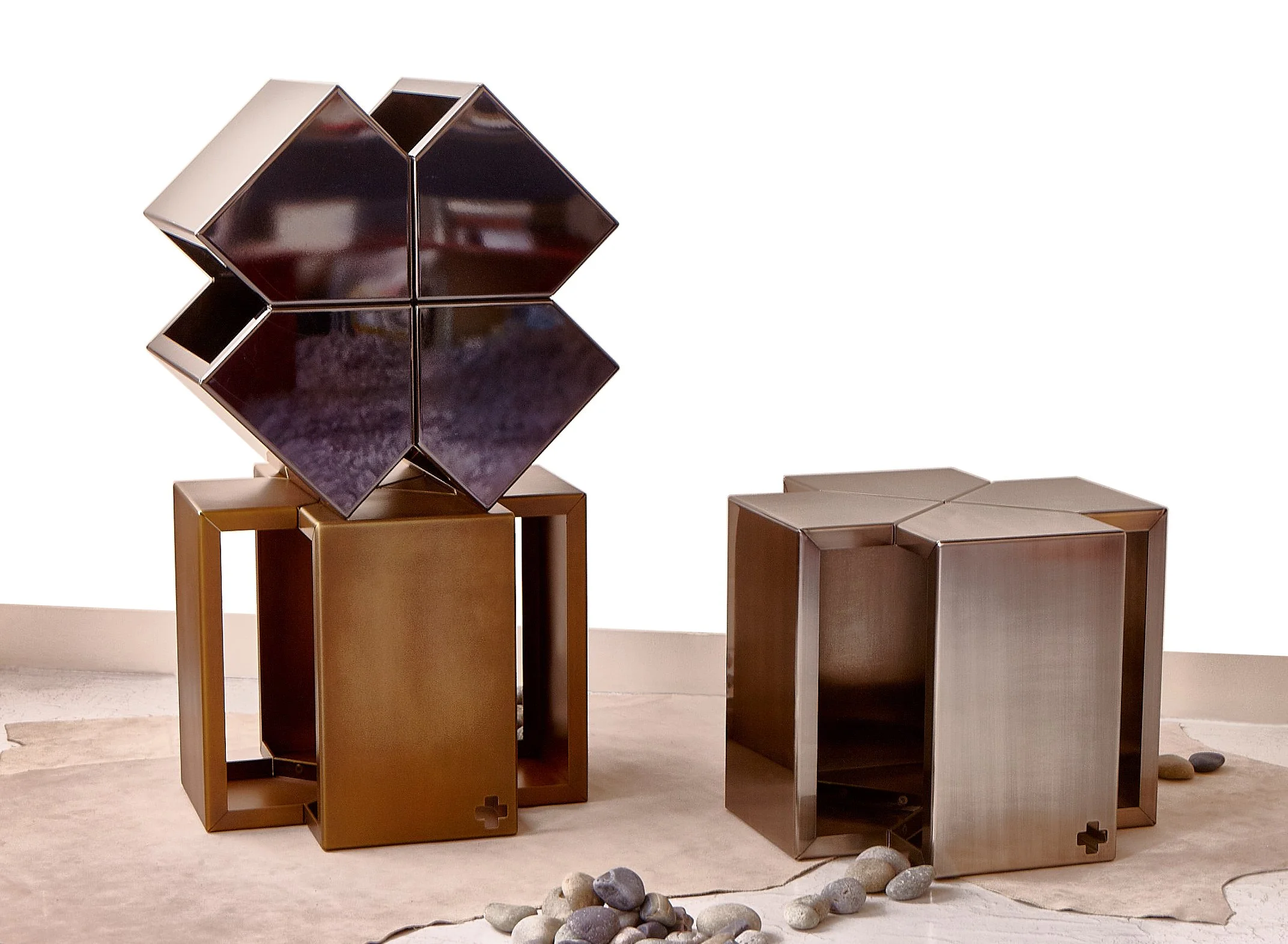 S+R STOOL modular aluminum furniture by SEARCH+RESQ, showing sculptural stacked and nested configurations alongside individual stools and side tables.