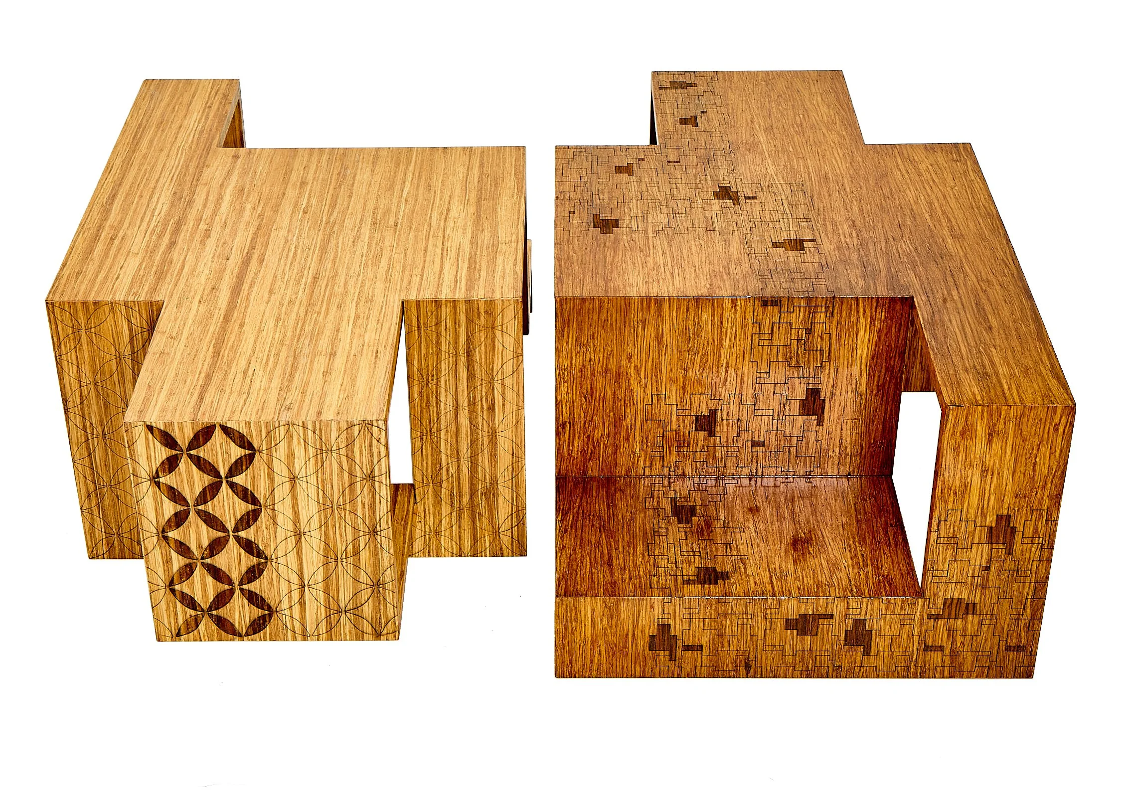 Two wooden puzzle tables with geometric patterns, partly assembled, on a white background.