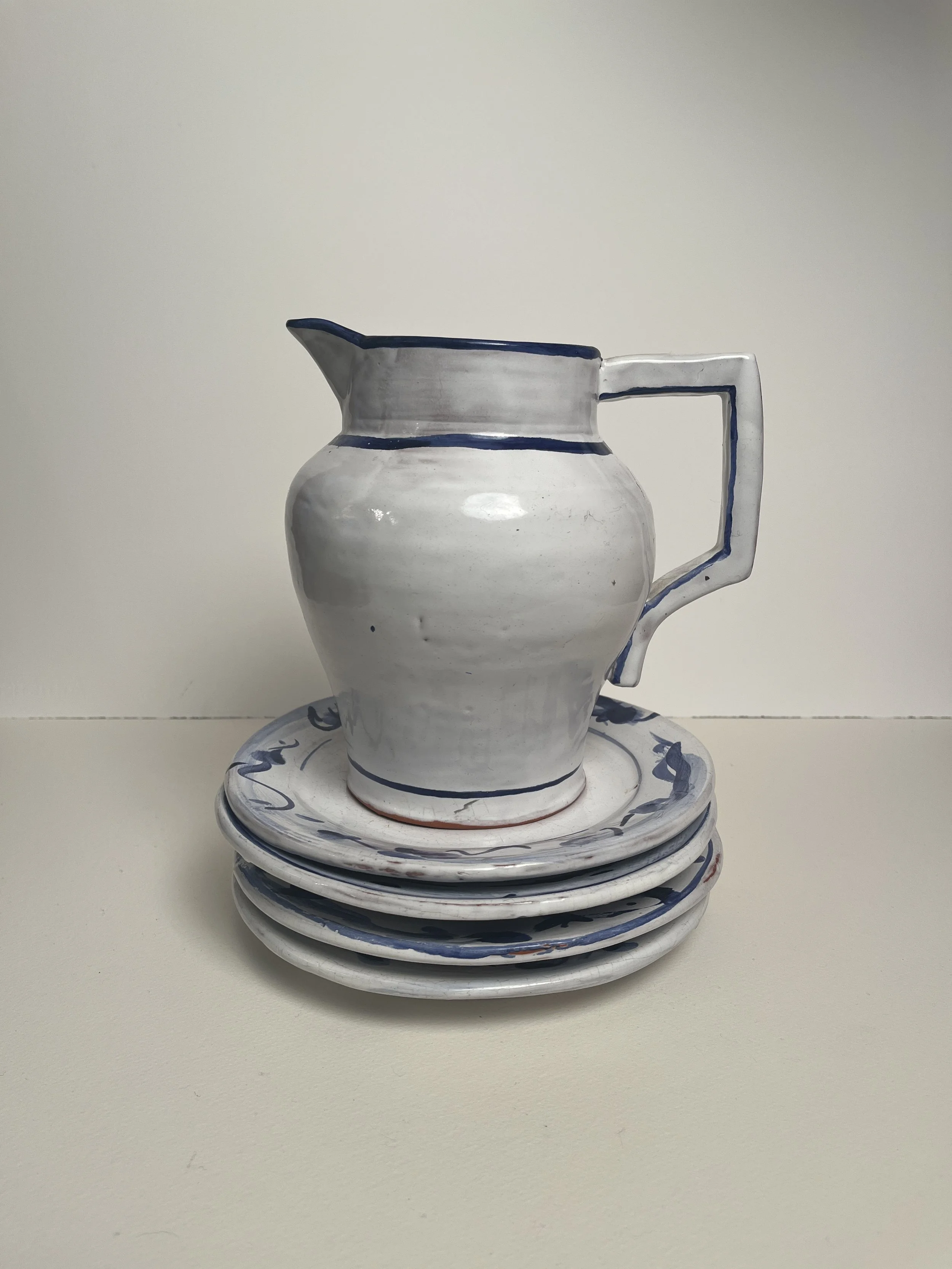 Earthenware Pitcher with Blue Detail