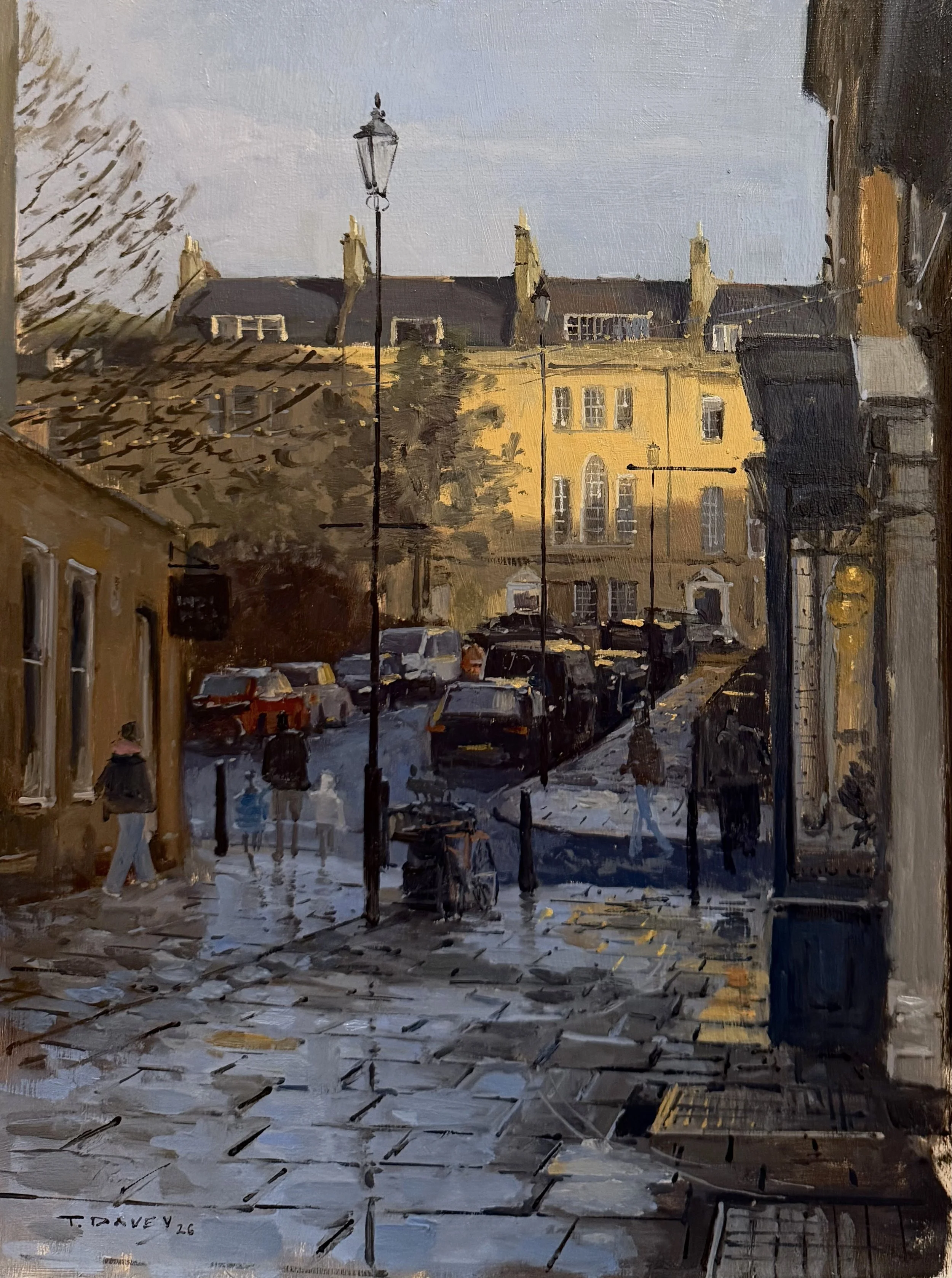 From Margaret's Buildings toward Rivers Street. - oil on board - 2026 - Framed - 38 x 48cm - £420