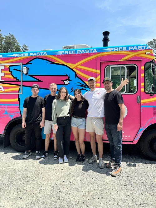 Peters Pasta and Mr Beast team in front of the Free Pasta truck during the 10000 egg YouTube video production