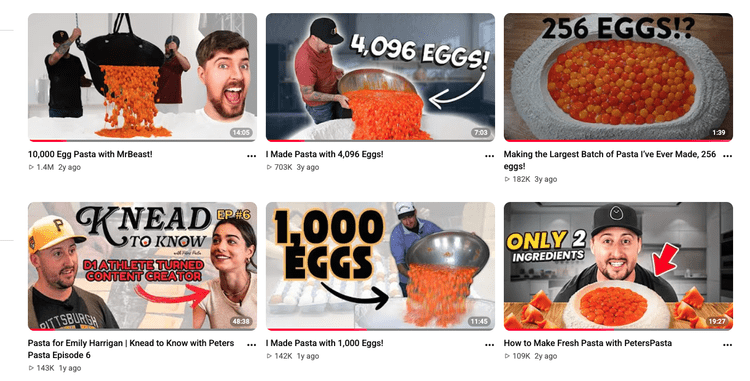 Peters Pasta YouTube channel showing long form videos produced by Orchard Eight Media including the 1.4 million view Mr Beast collaboration