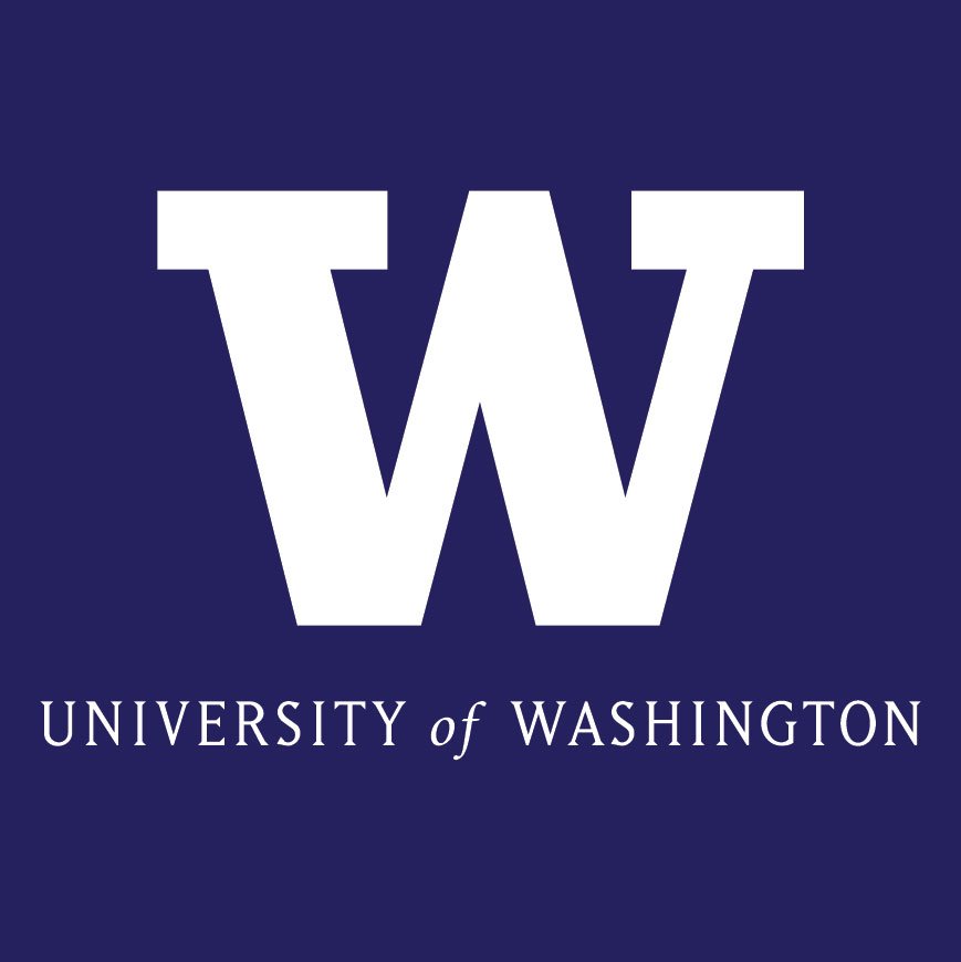 The logo of the University of Washington featuring a large white 'W' on a navy blue background with the school's name below.