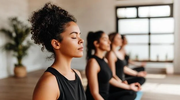 Three women practicing meditation or yoga in a bright studio, sitting cross-legged with eyes closed, facing a large window.