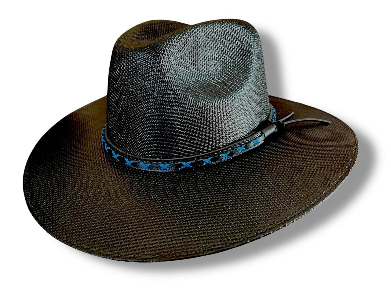 Pre- order 58cm Series 1 - Krishna Black straw hat with leather and showstopper blue trim