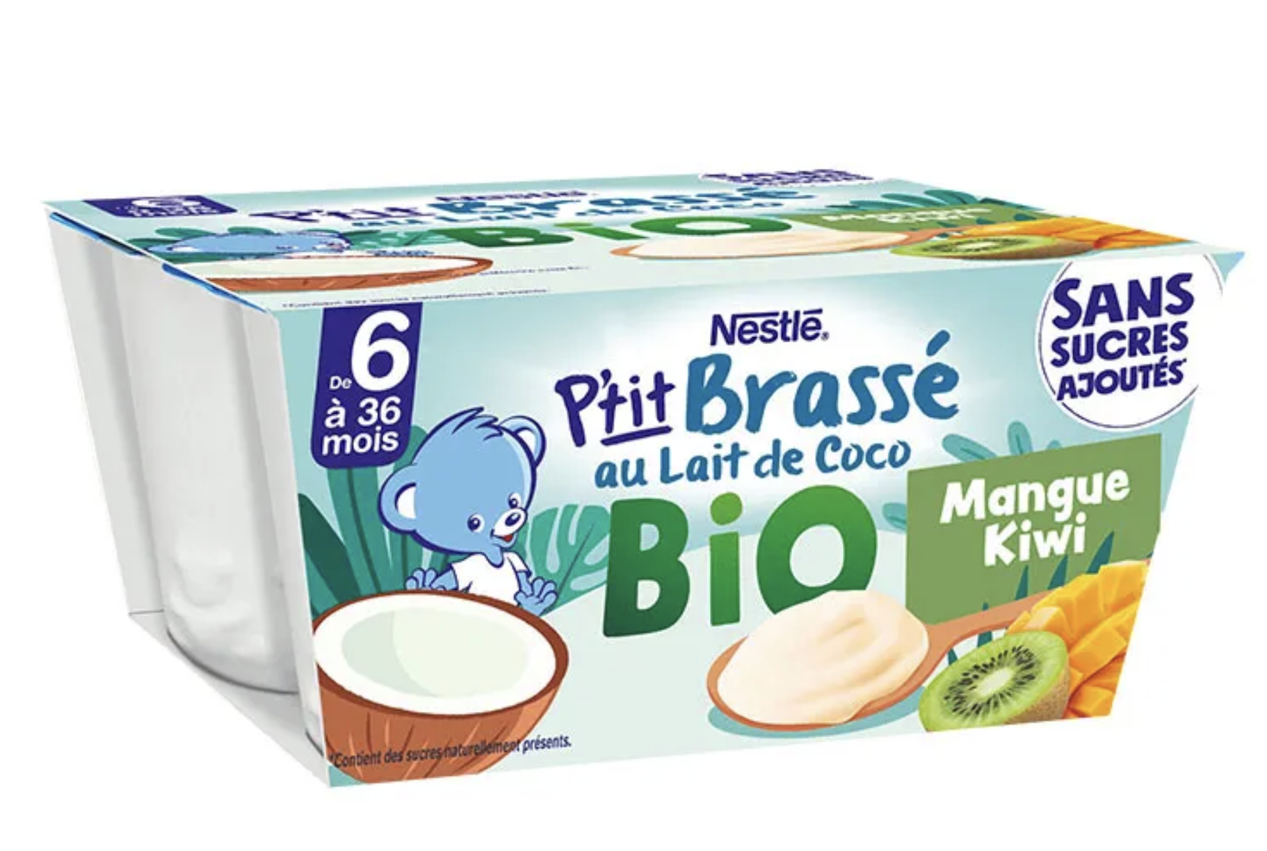 Boîte de yaourt biologique pour bébé au lait de coco saveur mangue kiwi, sans sucres ajoutés, destinée aux enfants de 6 à 36 mois, avec un dessin d'un ours en peluche sur la boîte.