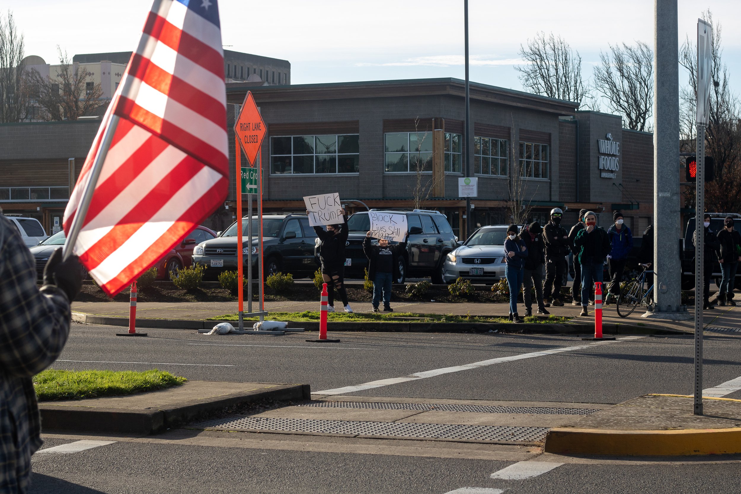 Counterprotesters gather across the street from the Eugene Federal Courthouse. A pro-Trump rally was held at Wayne Morse United States Courthouse in Eugene, Ore., on Jan. 9, 2021, in response to the riot that took place at U.S. Capitol earlier in the