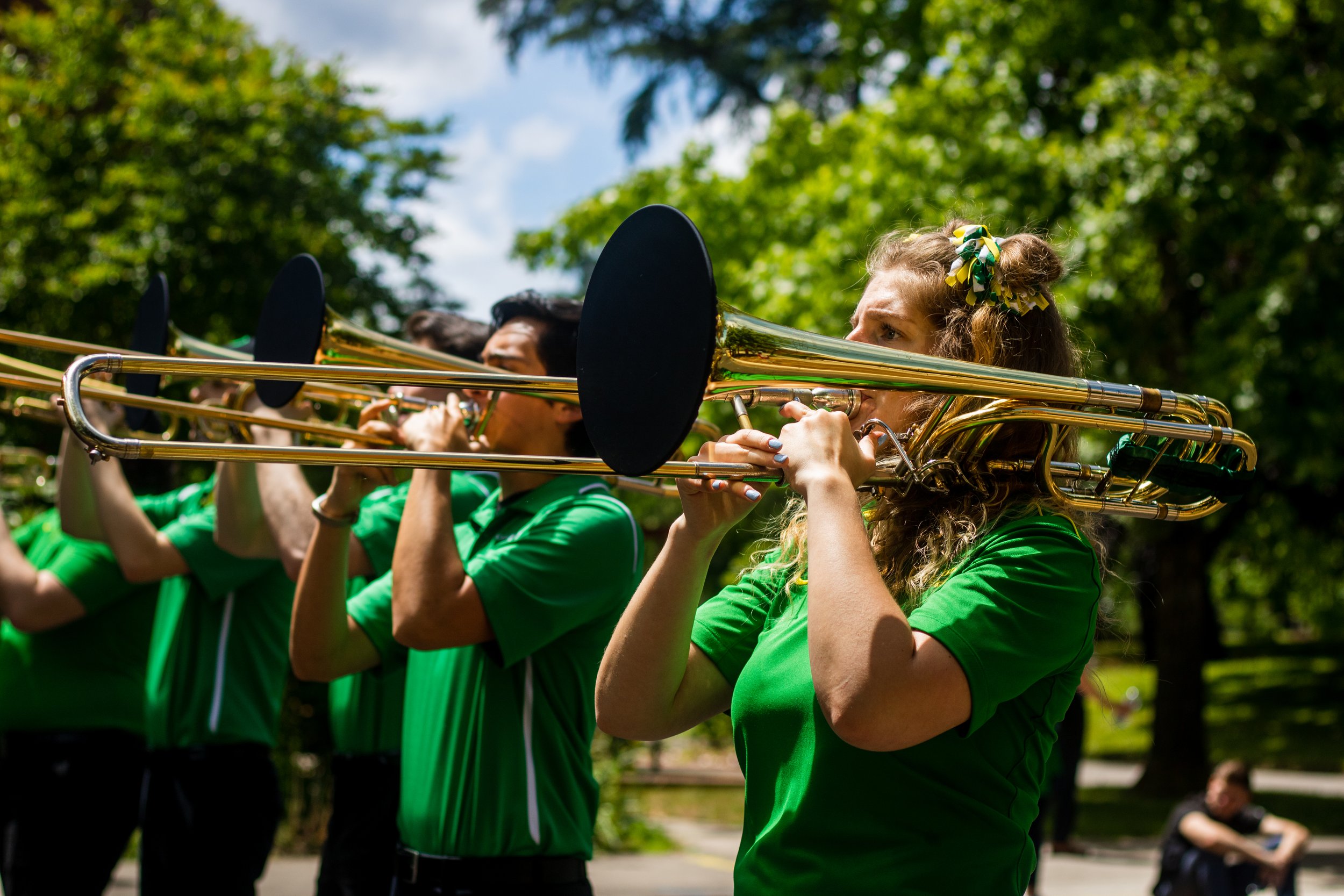 Members from the University of Oregon band perform before the parade begins. After a full academic year of online school, the class of 2021 participated in the University of Oregon's traditional Grad Parade on June 12, 2021. (Will Geschke/Emerald)