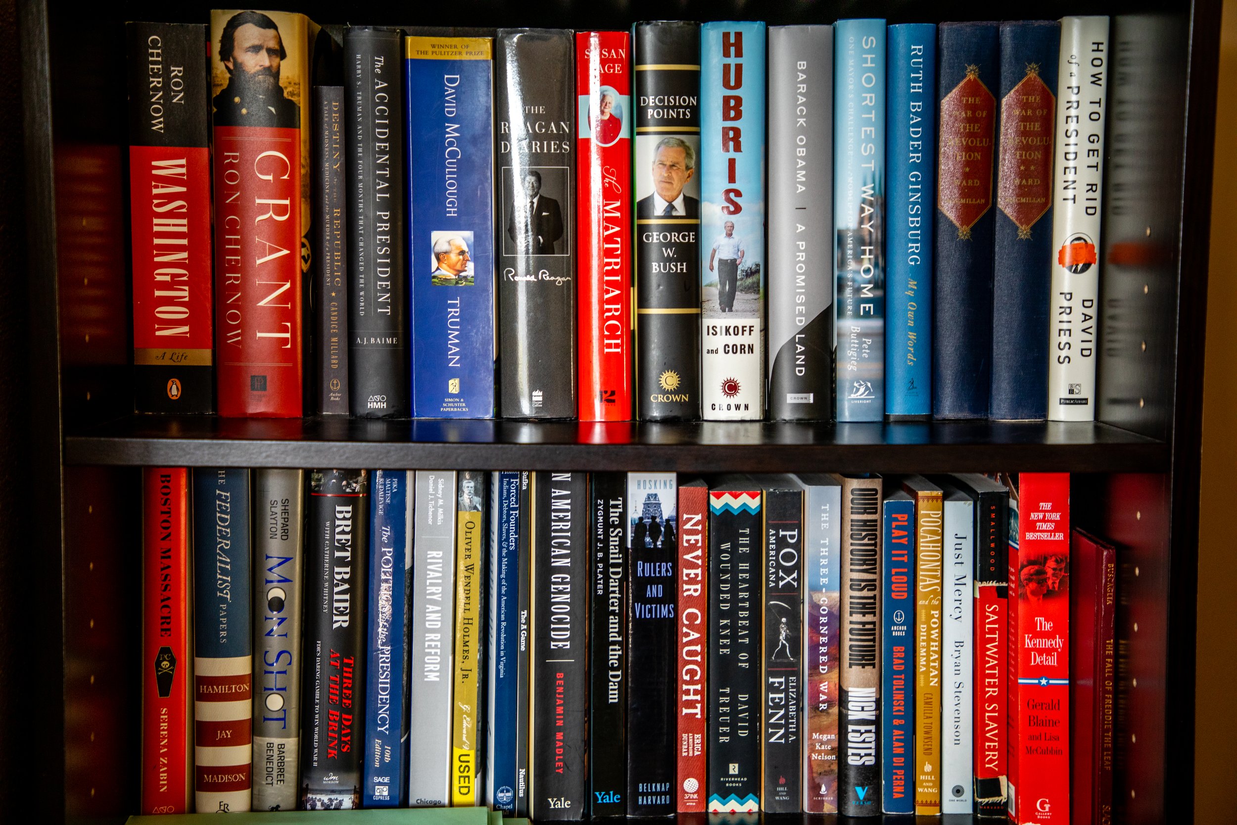 RJ Smith's bookshelf in his room, which includes his collection of presidential biographies. Smith's interest in history led to his desire to collect historical nonfiction. (Will Geschke)