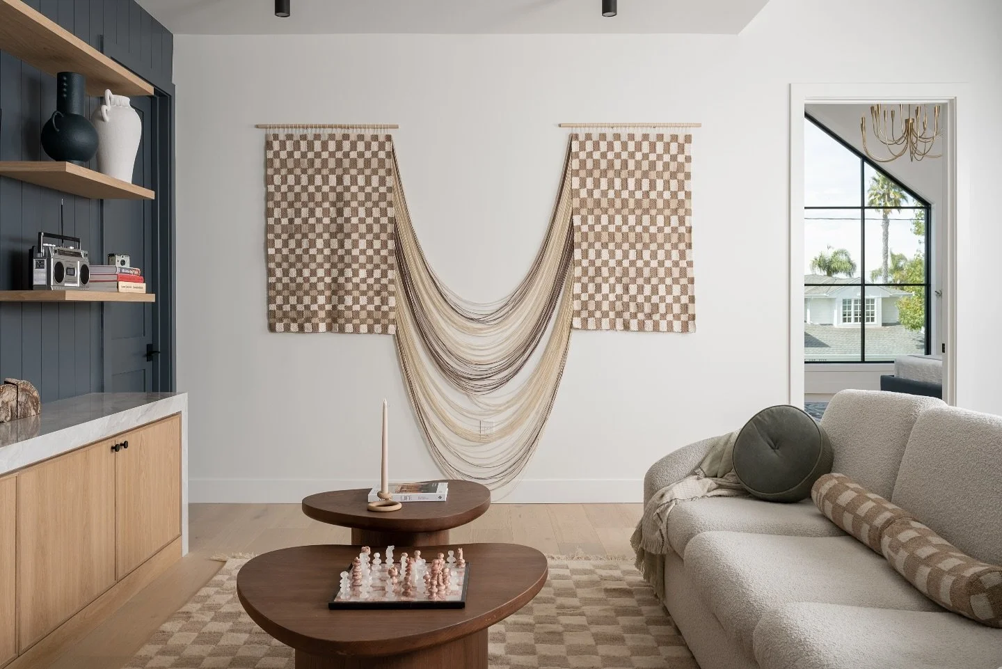 Grateful- Our two panel checker melt sitting front row in this beautiful space. Commissioned, styled, and ready for her debut. ❤️&zwj;🔥

Staging &amp; Design: @framestaginghouse @ll.design.co 
Photo: @mikeradfordphoto 

#art #stagingsells #fiberart 