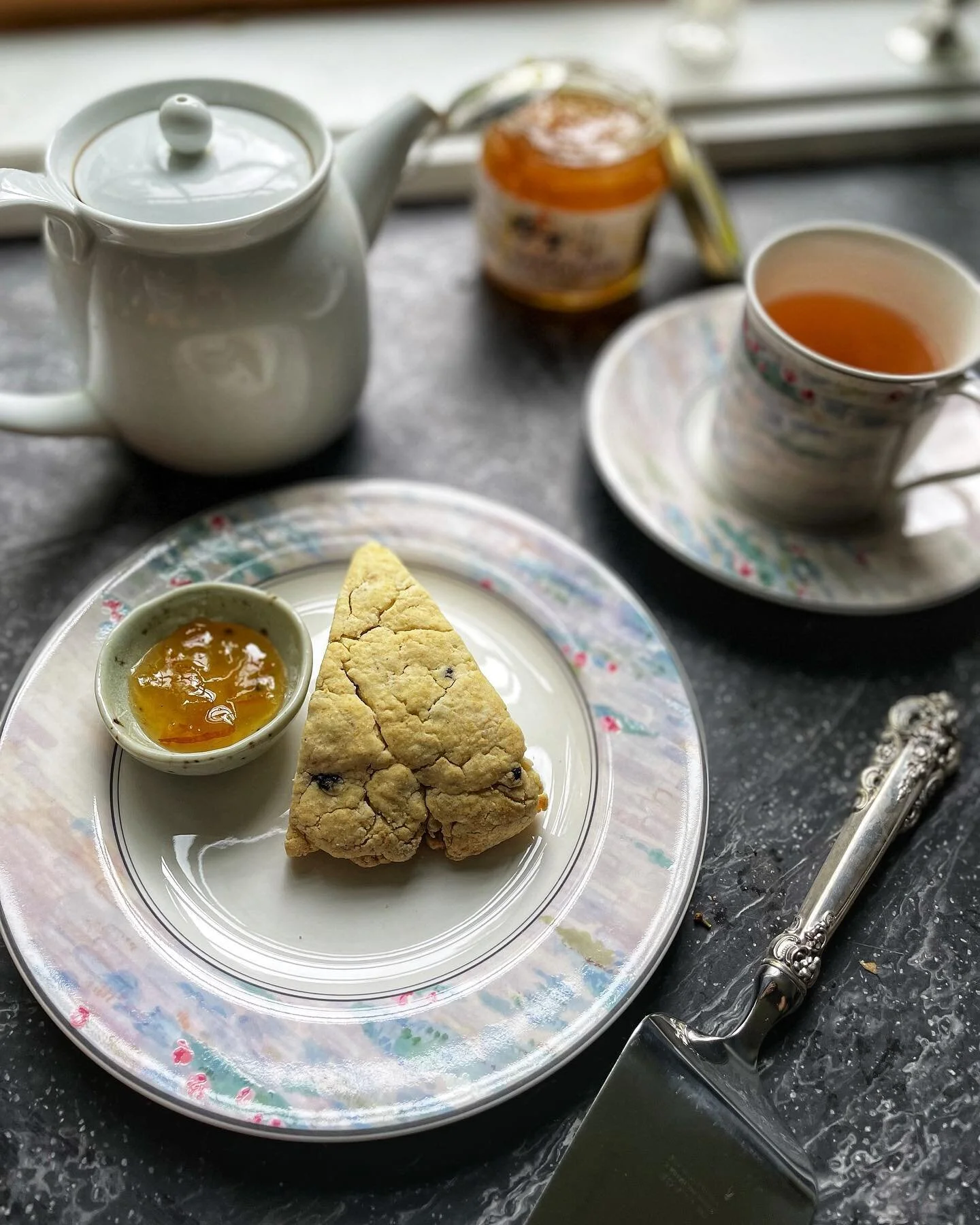 Hubs scones. Almond with dried blueberry, served with a side of yuzu marmalade. Original delicious scone recipe from @fromscratchfast , with hubs mods on no sugar, no glaze (sugar), dried blueberries to reduce liquids, milk and lime in place of butte